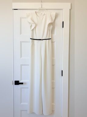 Calvin Klein Cream White Ruffle-Sleeve Jumpsuit with Slim Black Belt